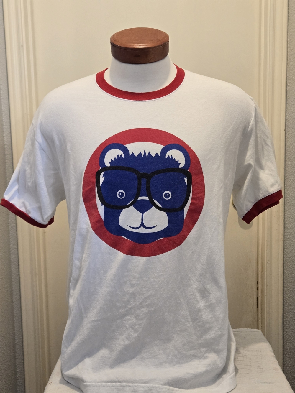 Tultex, White Tee with Red Trim and Blue Bear Graphic, L